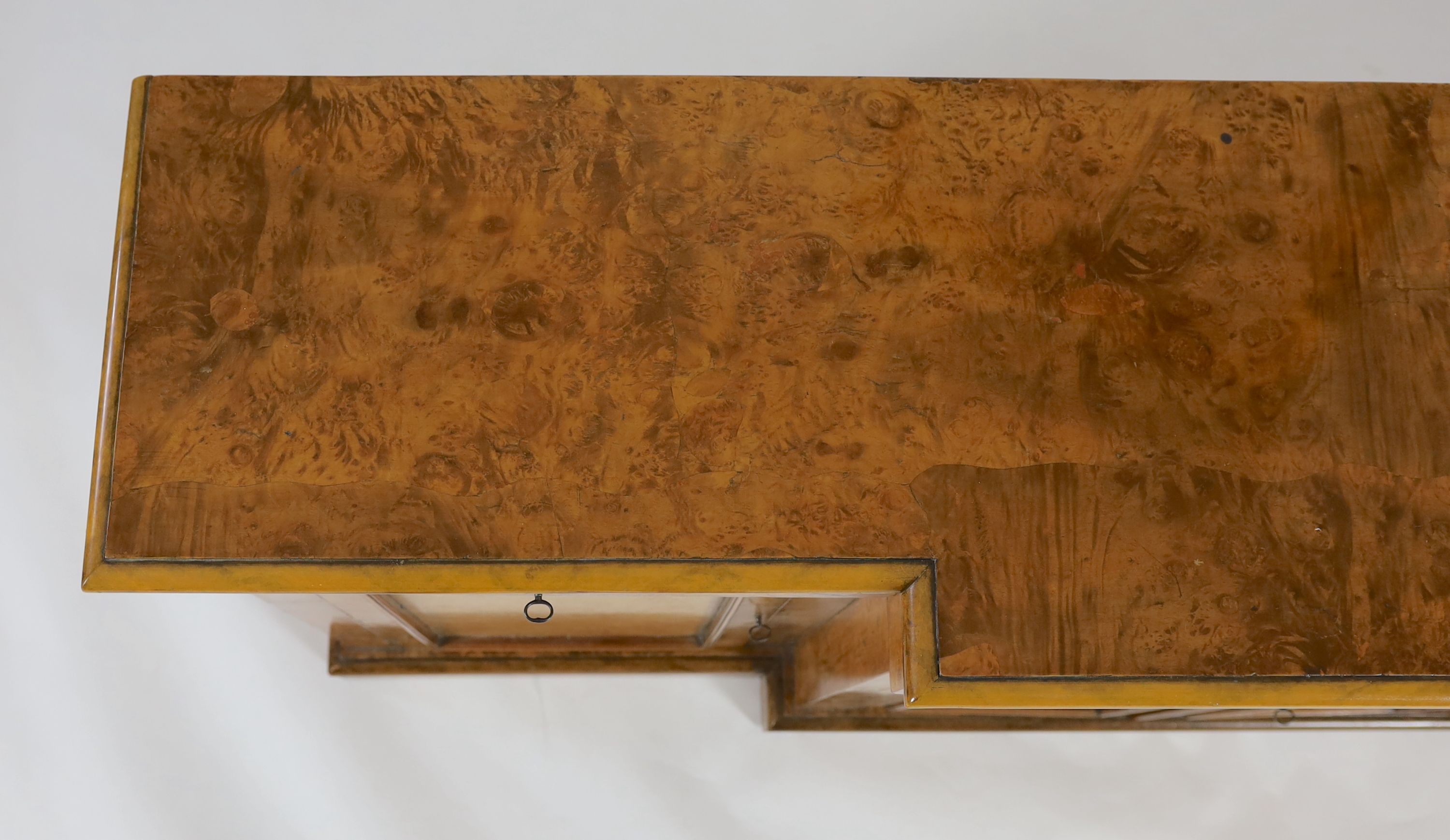 A Victorian walnut breakfront dwarf bookcase, W.195cm D.44cm H.95cm